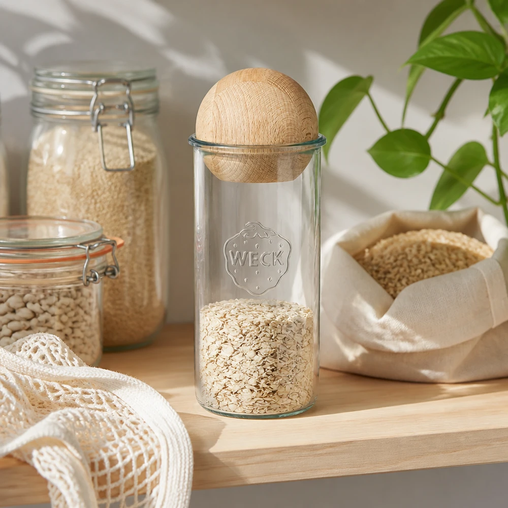 1500ml tumblery WECK RR100 s dřevěnou kuličkou buk WECK Sturzglas 1500ml RR100 mit Haferflocken gefüllt, Holzkugel Buche Deckel, Zero-Waste Küche Vorratshaltung