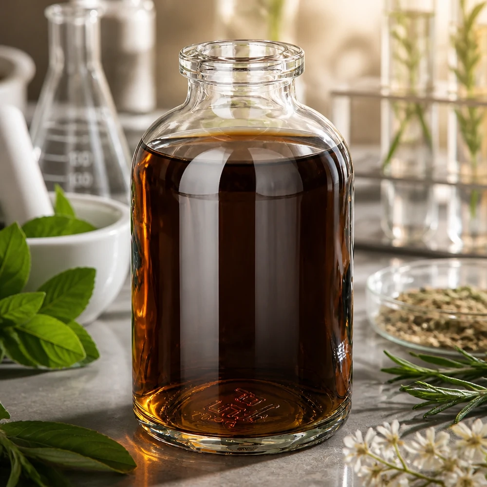 Injekční láhev z čirého skla 50 ml Kompakte Injektionsflasche 50ml aus Klarglas mit amber Naturstoffextrakt und Laborausstattung