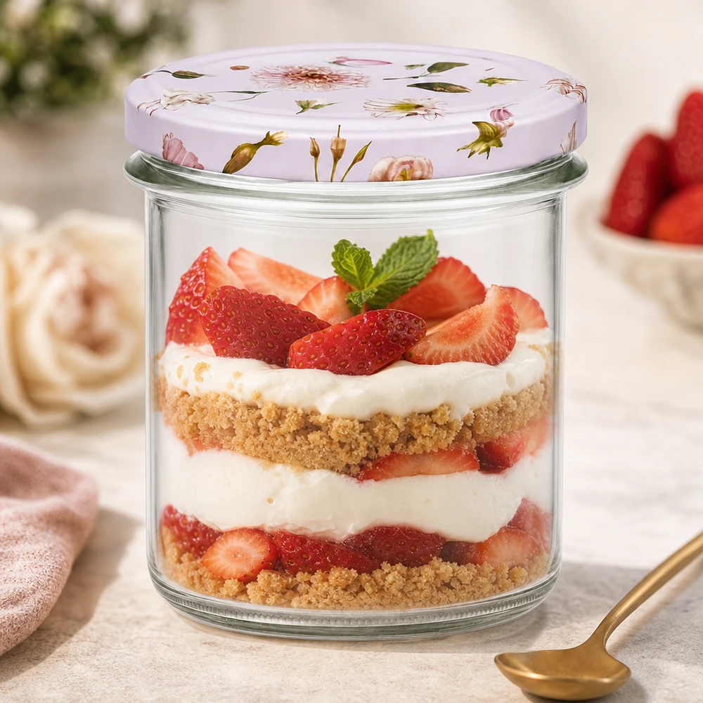 350ml sklenice + víčko BasicSeal flower pink UNiTWIST 350ml Sturzglas rosa Blumendeckel Dessert Erdbeeren Sahne Schichtdessert Einmachglas Nachtisch Tiramisu Glas