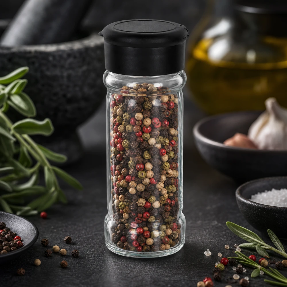 Dóza na sůl/koření 100ml s mlýnkem Vario černá Zylindrisches Salzglas 100ml mit schwarzem Streueraufsatz in rustikaler Küchenstillleben Umgebung