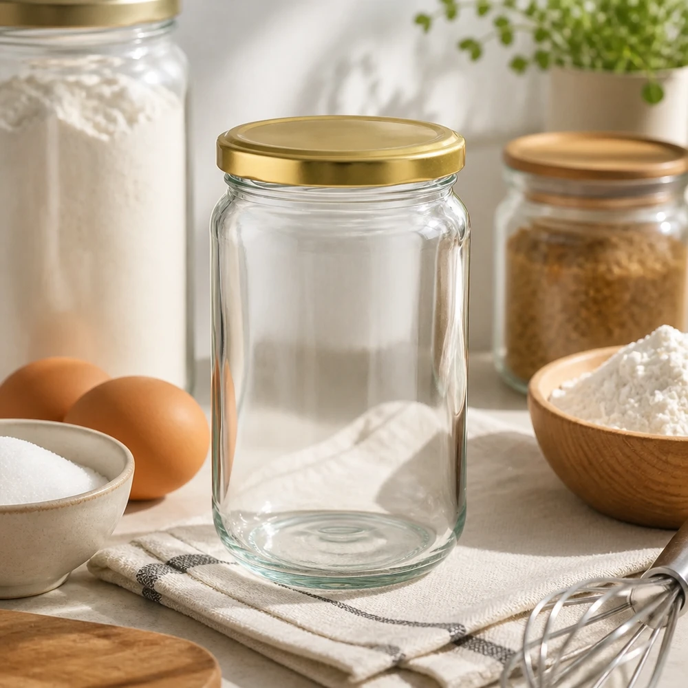 305ml kulatá sklenice s víčkem BasicSeal zlatá UNiTWIST 305ml Rundglas UNiTWIST mit goldnem Deckel in moderner Küche - perfekt zum Backen und Kochen mit Eiern und Mehl