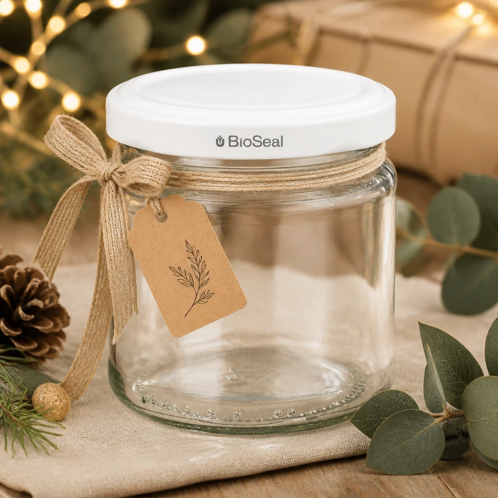Kulatá sklenice o objemu 212 ml s bílým víčkem BioSeal UNiTWIST UNiTWIST Runda212 festlich dekoriert mit Jute-Schleife und Geschenkanhänger als Weihnachtsgeschenk mit weißem TO66 Decke