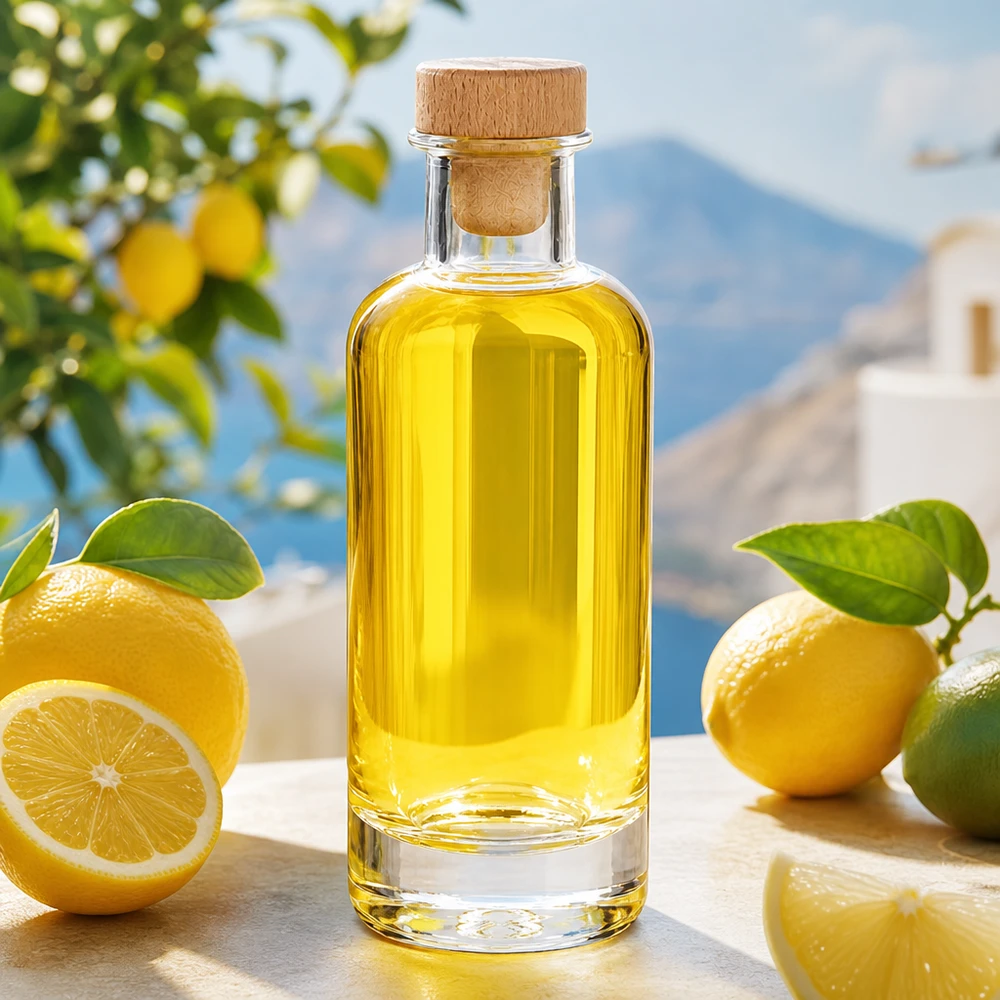 200ml Glasflasche "Ella" mit Holzgriff-Korken UNiTWIST Glasflasche Ella 200ml mit Holzkorken gefüllt mit gelbem Öl umgeben von frischen Zitronen in mediterraner Kulisse