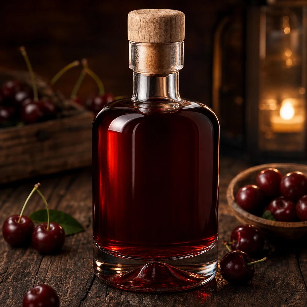 50ml Glasflasche "Attila" mit Holzgriffkorken UNiTWIST 50ml Glasflasche Amelie mit dunkelrotem Kirschlikör gefüllt zwischen frischen Kirschen rustikal auf Holz arrangiert