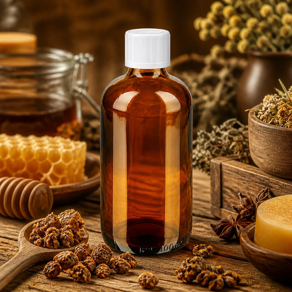 Lékárenská láhev hnědá 100ml šroubovací uzávěr bílý standard odolný proti otevření dětmi. Kleine Braunglasflasche 100ml weißer Schraubverschluss Kindersicherung mit Honig Kräuter Propolis