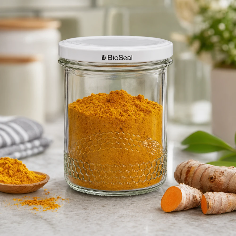 560g Honigglas + BioSeal Deckel weiß UNiTWIST Honigglas 400ml mit Kurkuma gefüllt zeigt praktische Anwendung des BioSeal Deckels für Gewürze und Küchenvorräte