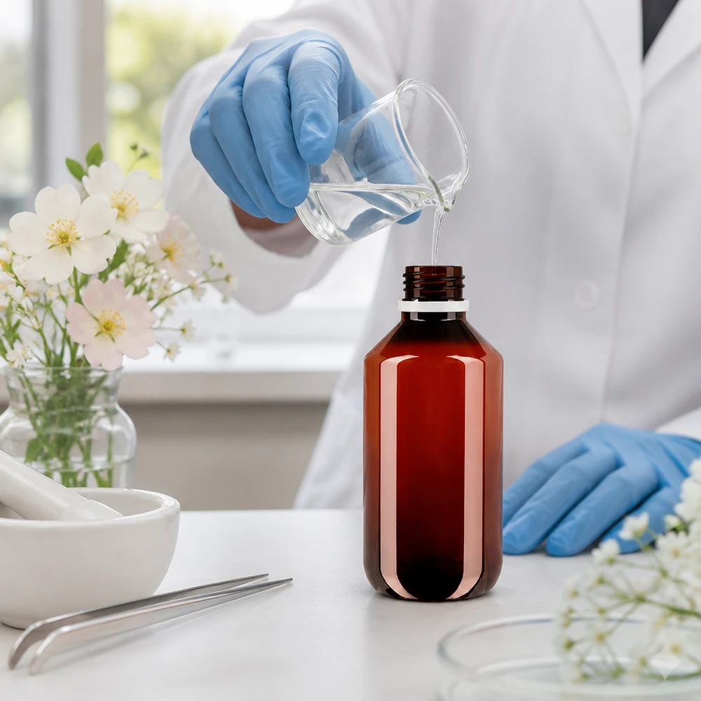 Lékárnická láhev 200 ml, hnědá, s bílým bezpečnostním uzávěrem pro tekutiny a roztoky
