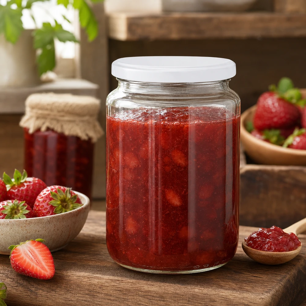 795ml kulatá sklenice s víčkem BasicSeal bílá UNiTWIST 795ml Rundglas UNiTWIST mit Erdbeermarmelade befüllt zeigt ideale Eignung für selbstgemachte Konfitüre und Einkochen