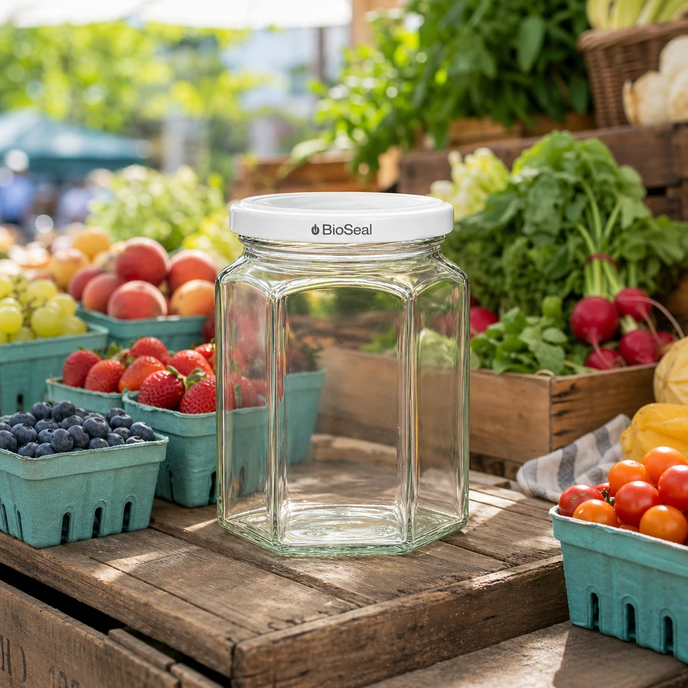 Sklenice Hexa o objemu 288 ml s bílým víčkem BioSeal UNiTWIST UNiTWIST Hexa288 leeres Glas mit weißem TO63 BioSeal Deckel auf Marktstand zwischen frischem Obst und Gemüse