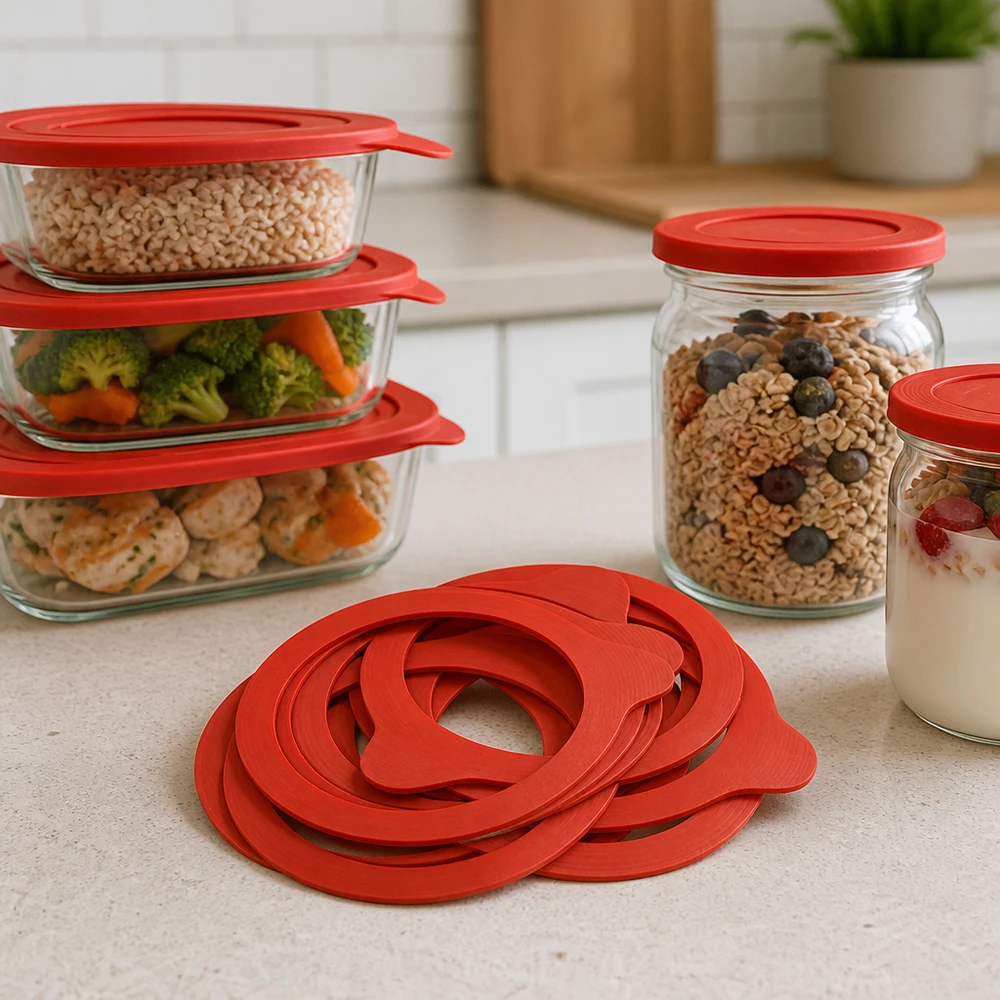Konzervační kroužek z přírodního kaučuku RR80 Einkochring RR80 Naturgummi rot mehrere Ringe auf Küchenarbeitsplatte mit Vorratsgläsern Müsli Gemüse Meal Prep