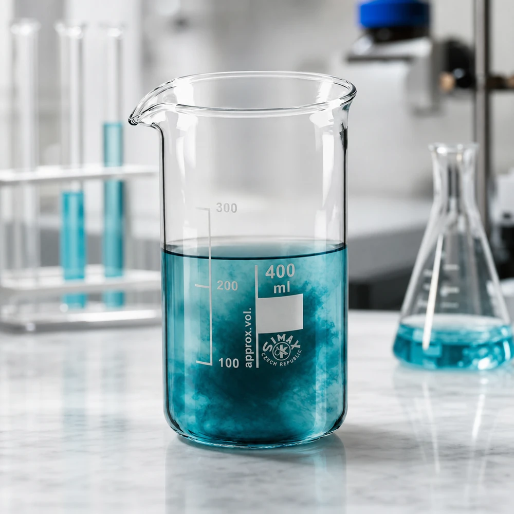 Kádinka 400ml borosilikátové sklo, vysoký tvar Laborglasware Becherglas 400ml hohe Form SIMAX mit sichtbarer Reaktion in blauer Flüssigkeit