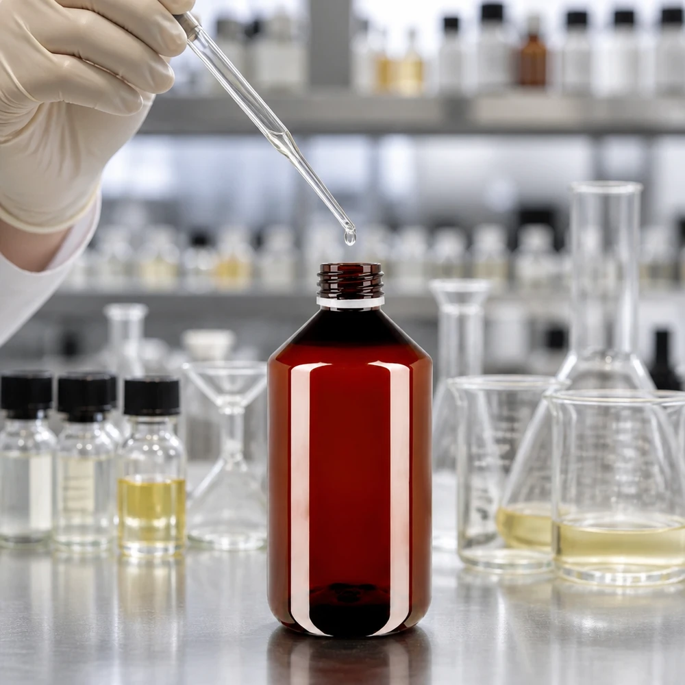 Průhledná kulatá PET láhev o objemu 750 ml, jantarové barvy, s bílým uzávěrem typu OV ve farmaceutické laboratoři
