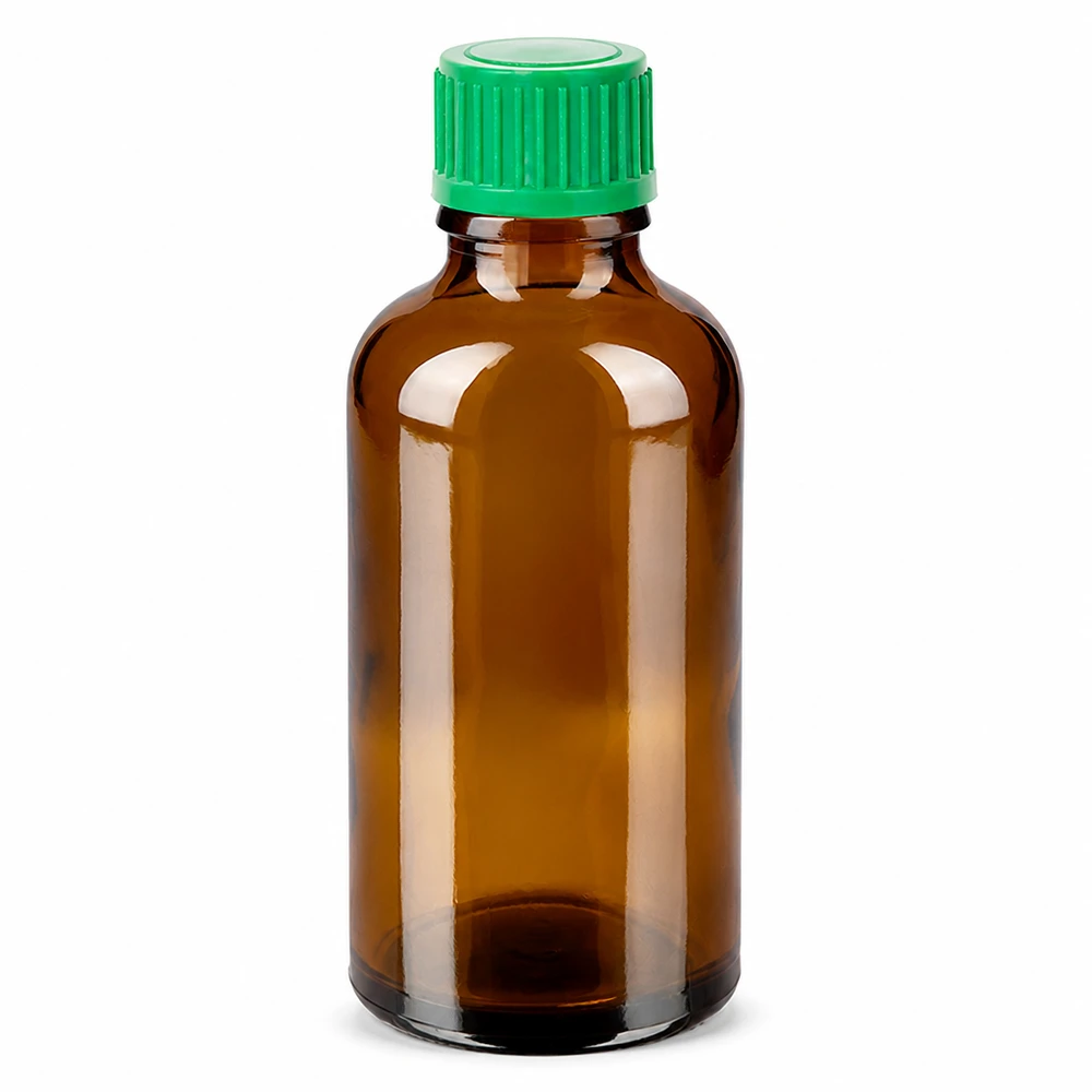 50ml lahvička s kapátkem 0,8 mm zelená standardní uzávěr BrownLine UT18/50 Braune 50ml Glasflasche mit grünem Tropfverschluss BrownLine Serie STD Ausführung