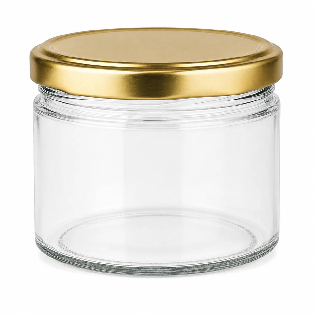 540ml kulatá sklenice s víčkem BasicSeal zlatá UNiTWIST 540ml Rundglas leer mit goldenem BasicSeal UNiTWIST Deckel auf weißem Hintergrund