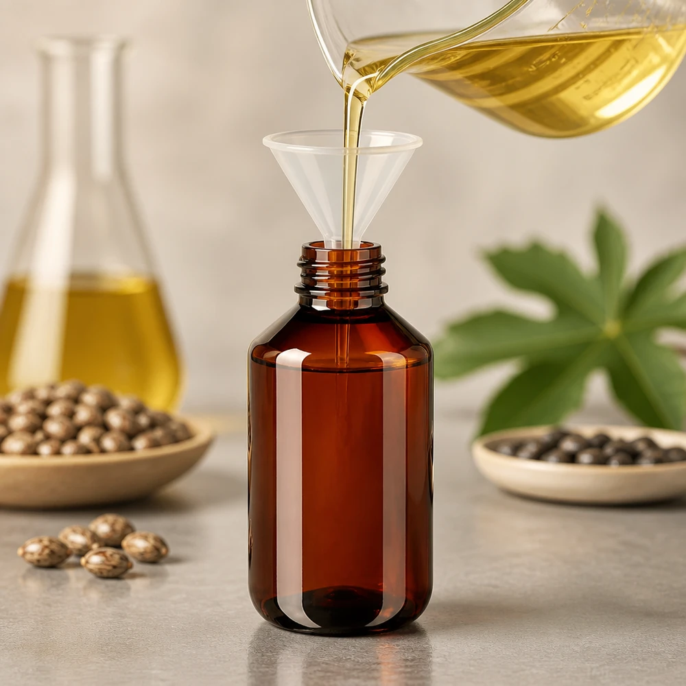 Jantarově zbarvená PET láhev o objemu 100 ml se plní žlutým rostlinným olejem pomocí trychtýře