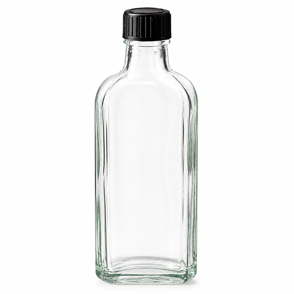 Hochwertige Meplat Glasflasche 100ml klar mit schwarzem Kunststoffschraubverschluss