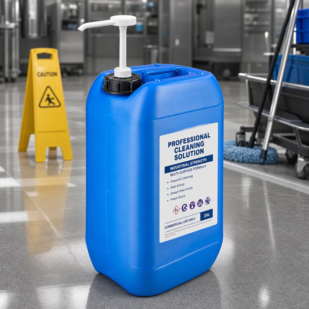 Tragbarer blauer 15 Liter Flüssigkeitsbehälter mit Pumpe neben gelbem Warnschild und Reinigungswagen