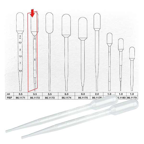 Přenosová pipeta o objemu 3,5 ml (155x15 mm) s dělením. Přenosová pipeta o objemu 3,5 ml (155x15 mm) s dělením.