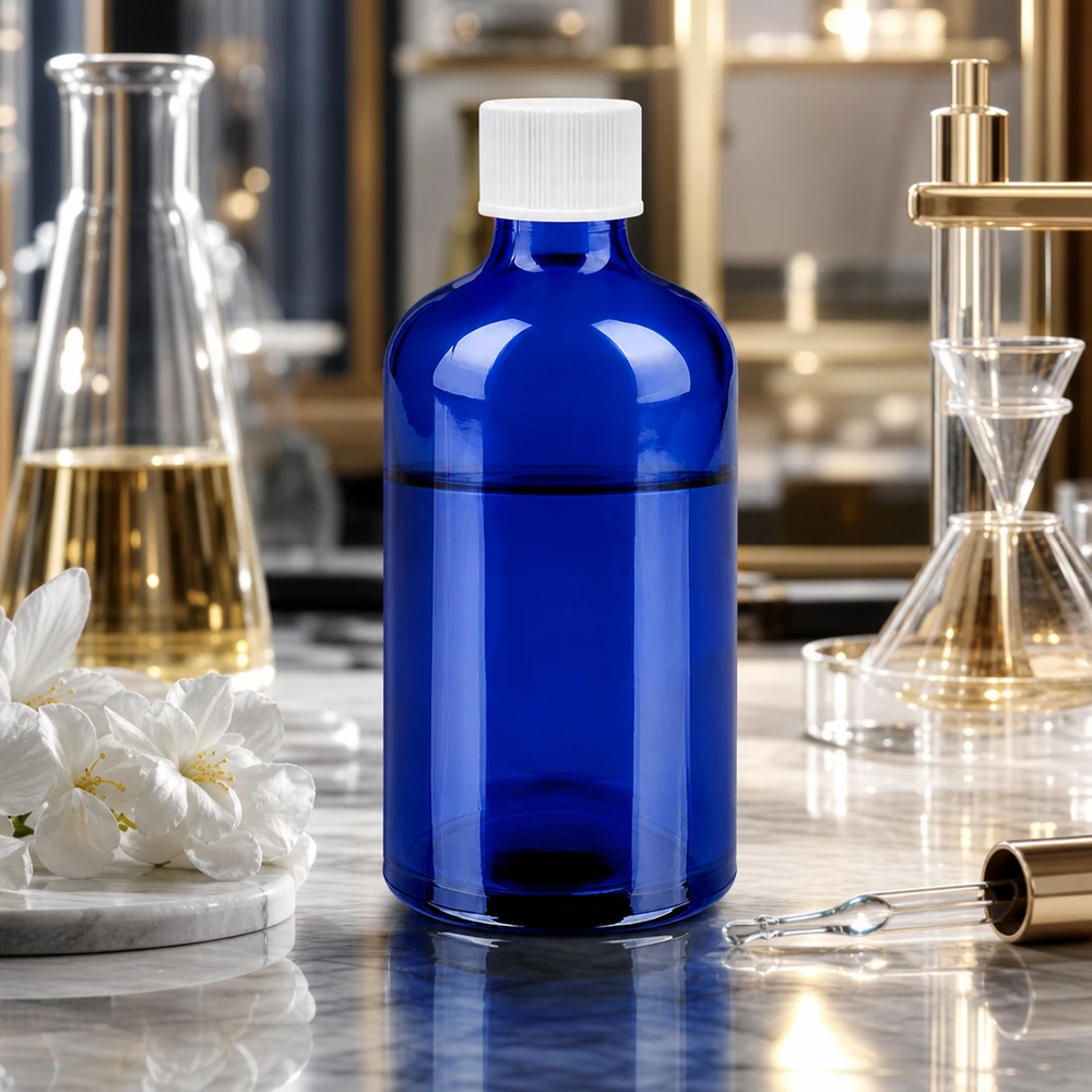 Stilvolle kobaltblaue 100ml Flasche mit weißem Deckel perfekt für selbstgemischte Seren und Tinkturen