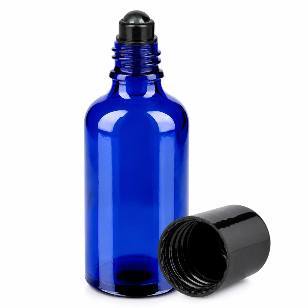 50ml roll-on lahvička černá standardní uzávěr BlueLine UT18/50 Roll-On Flasche 50ml STD BlueLine UT18/50 aus UV-schützendem blauem Glas mit schwarzem Rollball
