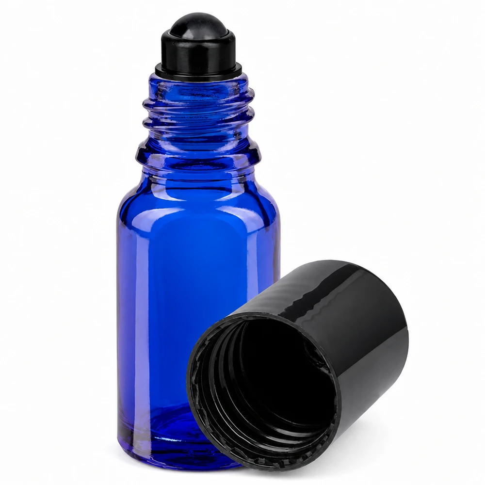 Lékárenská lahvička modrá 10ml roll-on černá uzávěr Blaue 10ml Glasflasche mit Roll-On Aufsatz ideal für Duftöle Serum und Aromatherapie Anwendungen