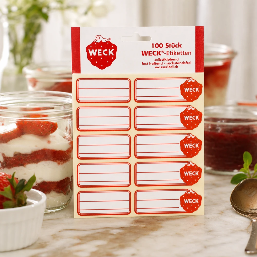 Etikety WECK 19x13 mm (balení po 100 kusech) WECK Etiketten Packung neben dekorativem Dessertglas mit Erdbeercreme zeigt vielseitige Anwendung in moderner Küche