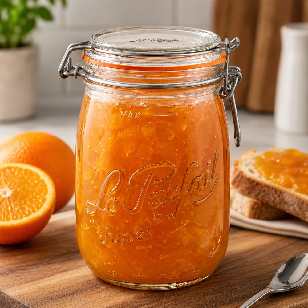 1000ml Vorratsglas "Super" mit Bügelverschluss Le Parfait® 1000ml Le Parfait Super Vorratsglas mit Bügelverschluss gefüllt mit Orangenmarmelade auf Holzbrett mit Orangen