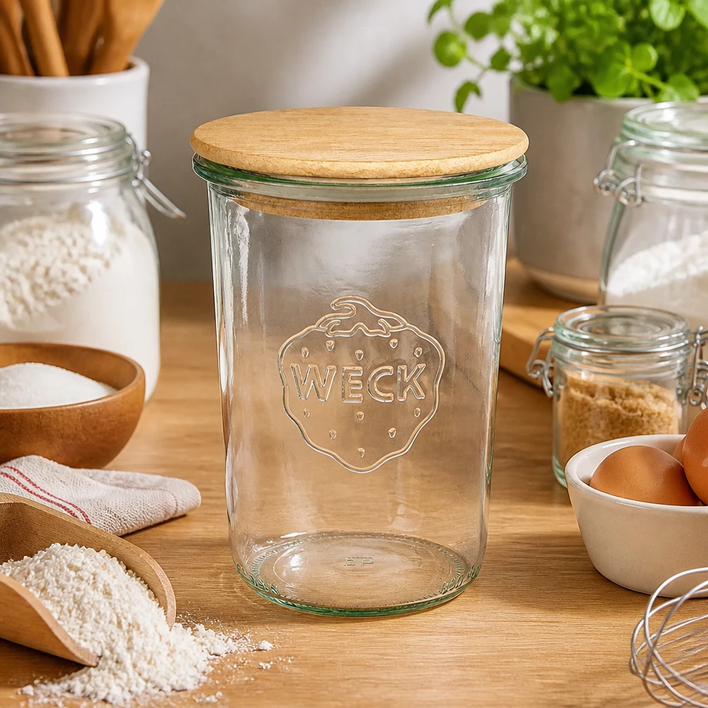 WECK Sturzglas 850ml RR100 Holzdeckel Küche Backzutaten Mehl Eier Küchenutensilien natürliche Materialien