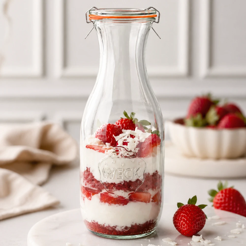 1062ml láhev na šťávu kompletní WECK RR60 WECK Saftflasche 1062ml RR60 als Dessertglas mit Erdbeer-Sahne-Schichtdessert gefüllt Küchenhintergrund weiß