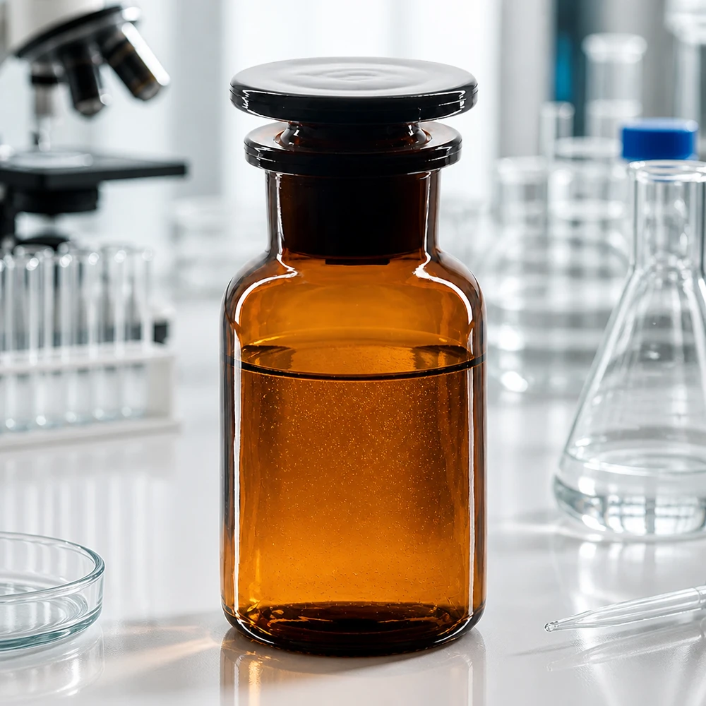 Láhev s kulatým ramenem 100ml hnědá se širokým hrdlem skleněná zátka Bernsteinglas Weithalsflasche 100ml Rundschulter mit schwarzem Stopfen auf weißer Laborfläche
