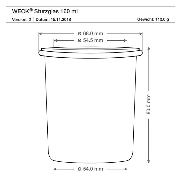 160ml kelímky WECK RR60 s dřevěnou kuličkou buk Technische Zeichnung WECK Sturzglas RR60 160ml mit Maßangaben und Spezifikationen für präzise Produktdetails