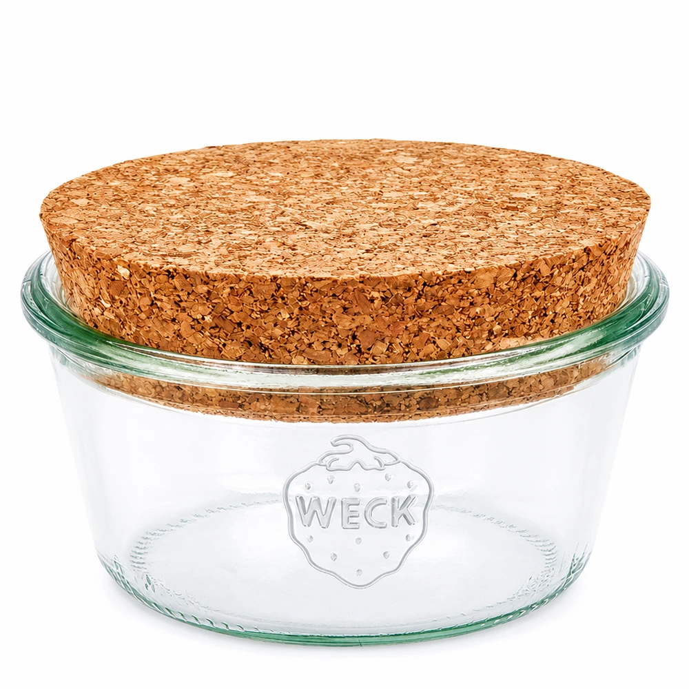 290ml nízká bublinková dóza WECK RR100 s korkem přírodní 290ml WECK Sturzglas RR100 mit natürlichem Korkverschluss niedrige Form Einmachglas für Vorratshaltung
