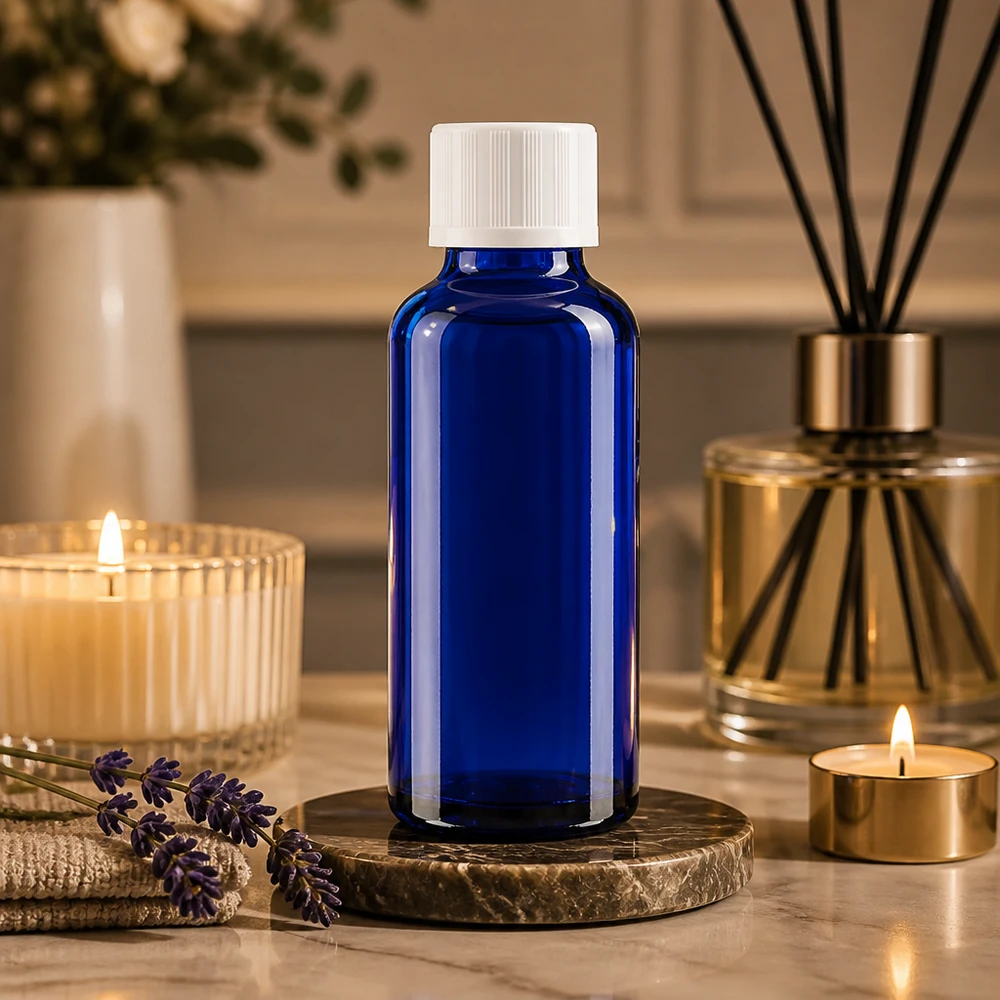 30ml Apothekerglasflasche blau mit 1,2mm Tropfer in entspannter Spa-Atmosphäre mit Lavendeldekoration