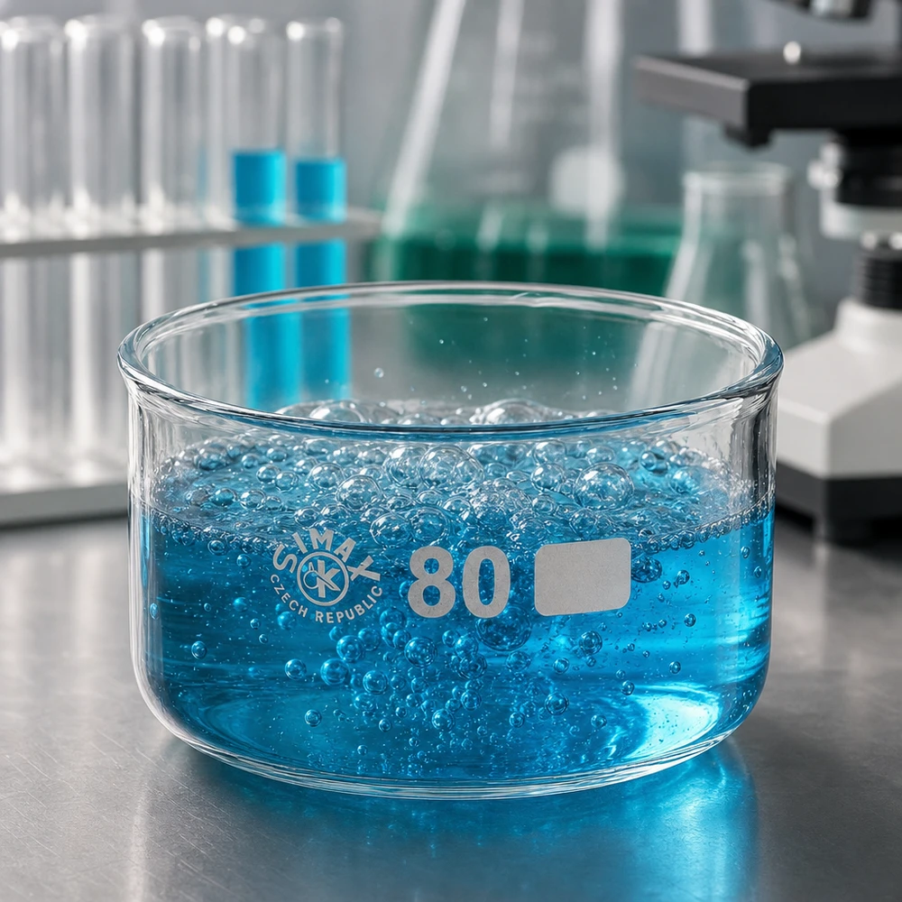 Krystalizační miska 150ml bez výlevky borosilikátová ø80mm Flache Borosilikatglas-Schale 80mm mit blauer brodelnder Lösung für chemische Analysen