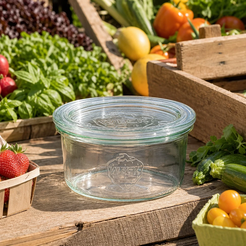 WECK Sturzglas 165ml RR80 leer mit Glasdeckel zwischen frischem Gemüse und Obst auf rustikalem Holztisch