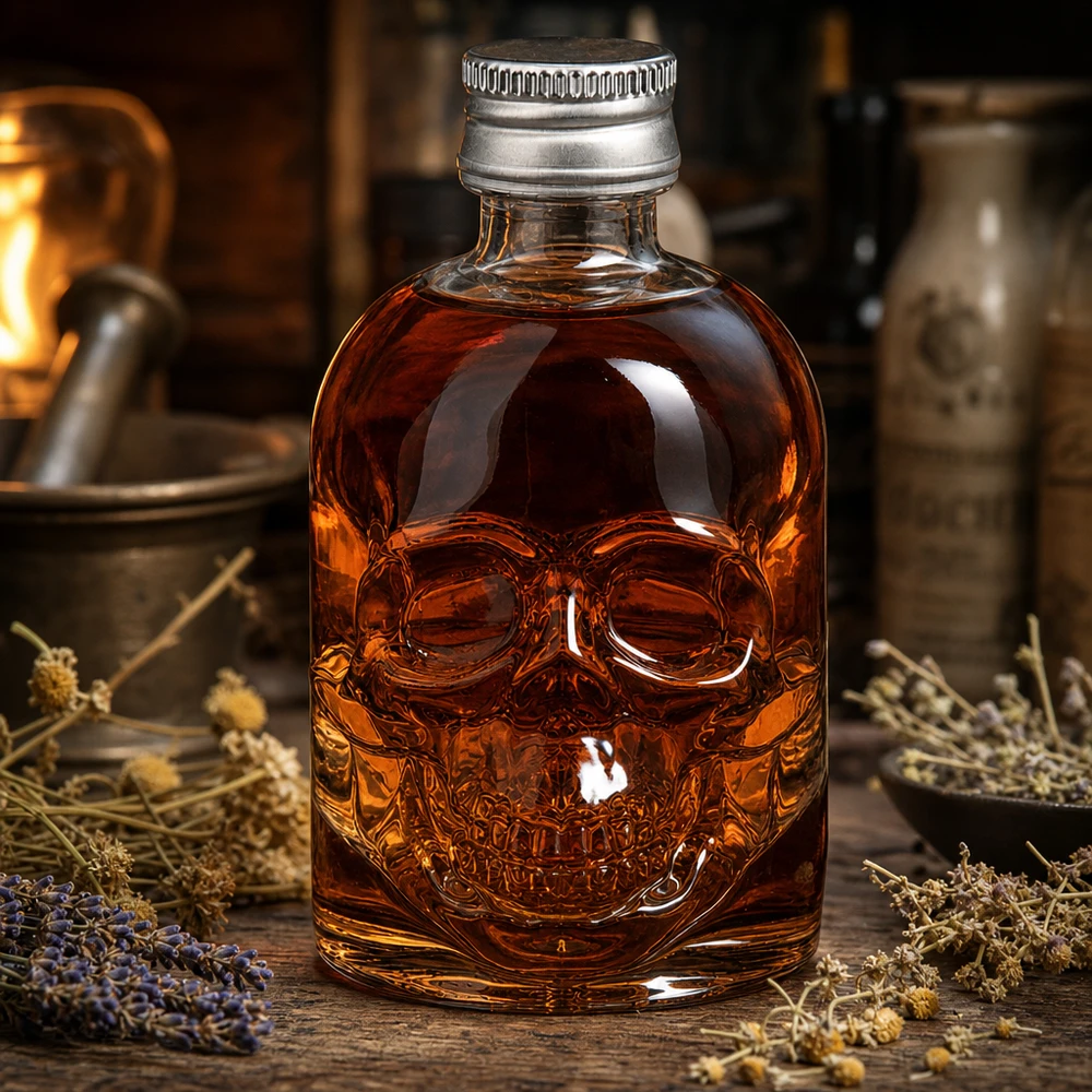 50ml Glasflasche "Hector" + Schraubverschluss silber UNiTWIS 50ml Glasflasche Hector mit bernsteinfarbener Flüssigkeit zwischen Kräutern und Gewürzen in apothekerähnlicher Atmosphär