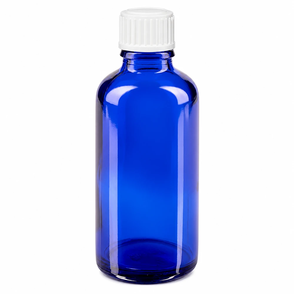 Runde blaue Glasflasche 50ml UV-Schutz mit weißem 11mm Schraubverschluss