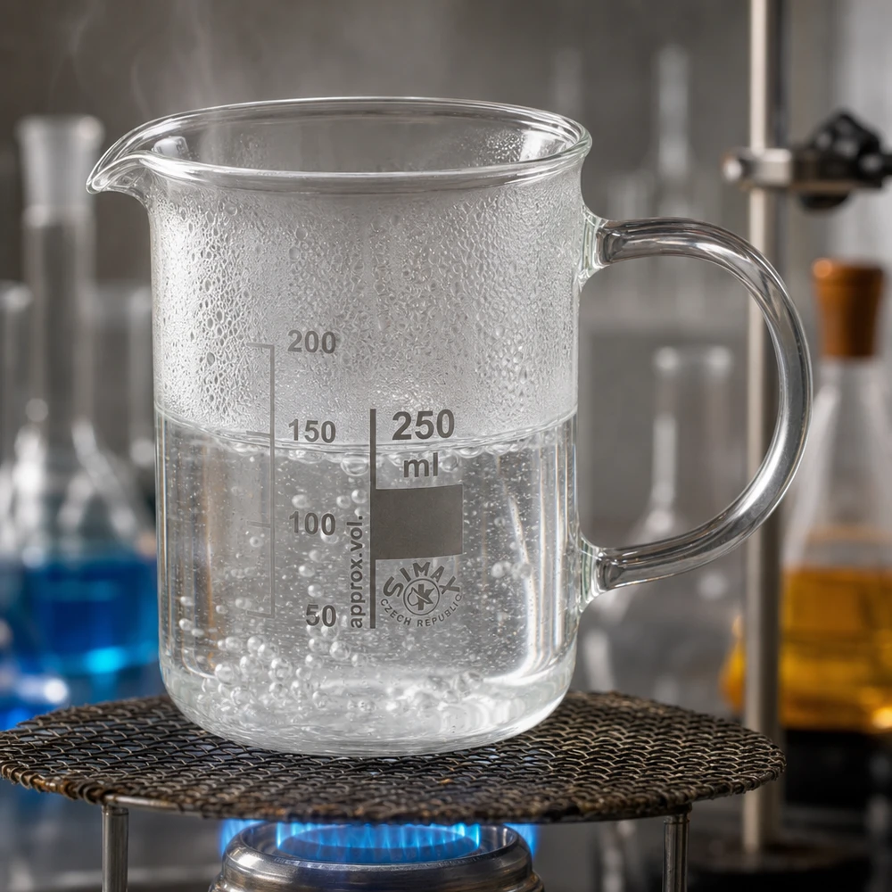 Kádinka z borosilikátového skla 250ml, s rukojetí Becherglas mit Henkel 250ml aus Borosilikatglas thermostabil auf Brenner mit Laborzubehör