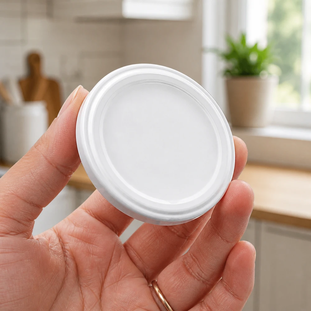 63mm víko BioSeal bílé (TO63) UNiTWIST UNiTWIST TO63 – bílé víčko typu „twist-off“ o průměru 63 mm, BioSeal BPA-NI unitemp, držené v dlani