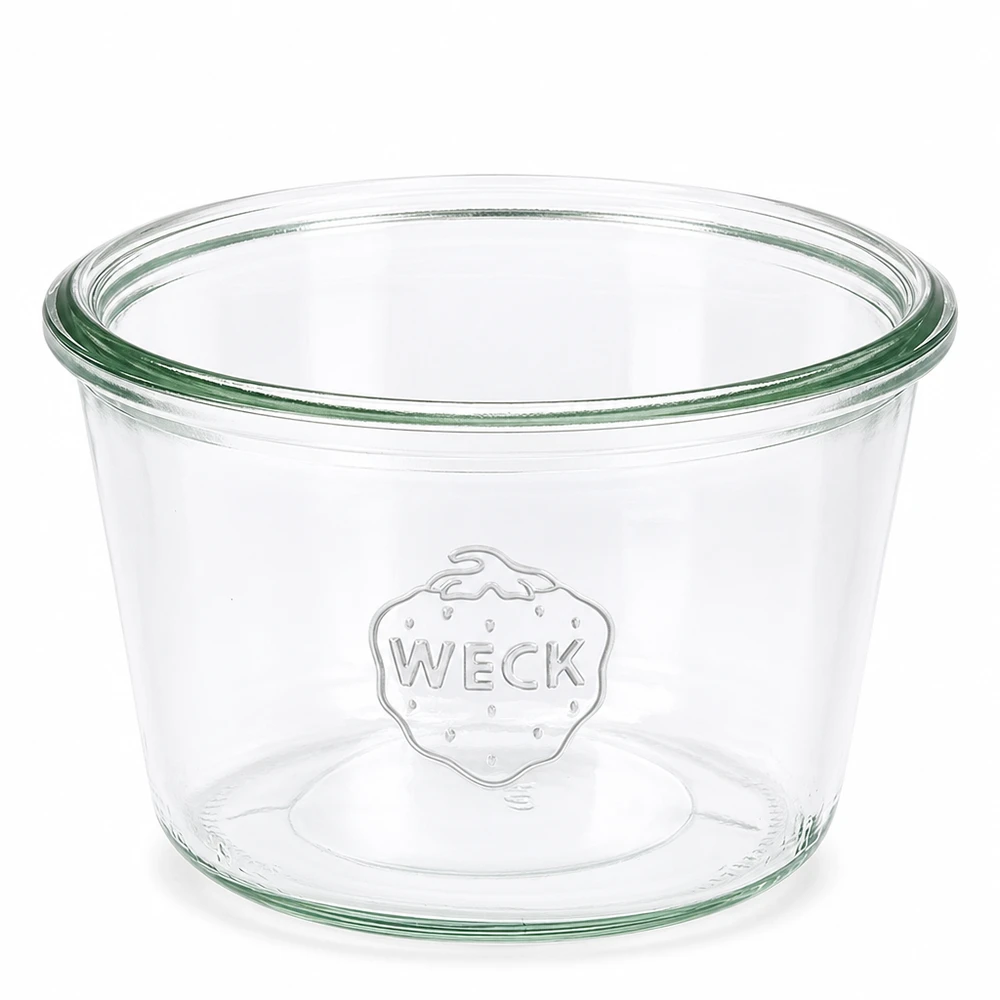 370ml tumble nádoba WECK RR100 s dřevěným dřevem - dřevěná nádoba s dřevem. WECK Sturzglas 370ml RR100 transparent mit grünem Rand und WECK Logo geprägt für Einmachen und Konservieren