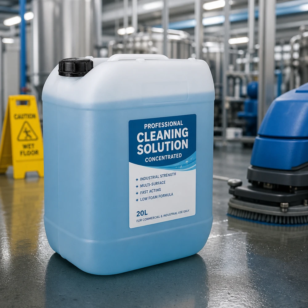 Kanystr o objemu 20 litrů se šroubovacím uzávěrem, který lze uzavřít proti neoprávněné manipulaci. 20L Kanister mit Etikett für professionelle Industriereiniger und Bodenreinigung