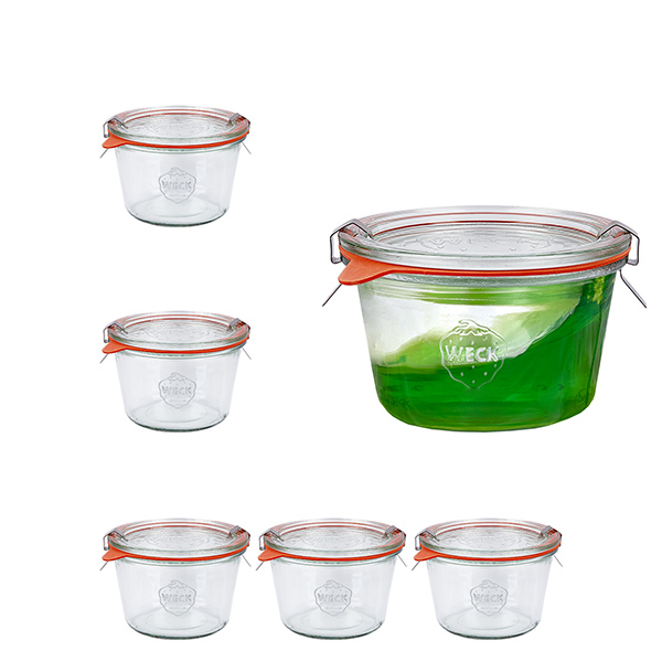 Sada 6 skleněných pohárů Weck o objemu 370 ml se 6 skleněnými víčky.