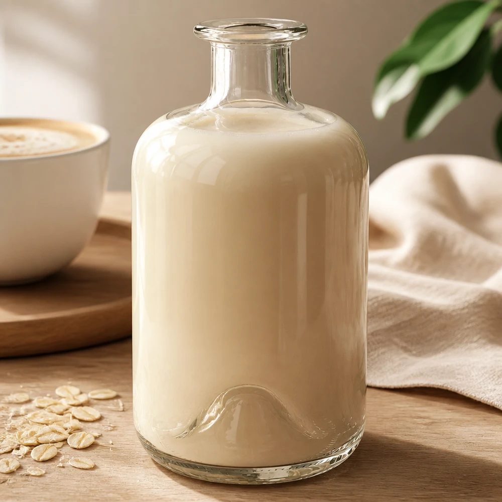 Apothekerflasche Luna 500ml mit cremiger Hafermilch gefüllt neben Kafeetasse und Haferflocken auf Holztisch