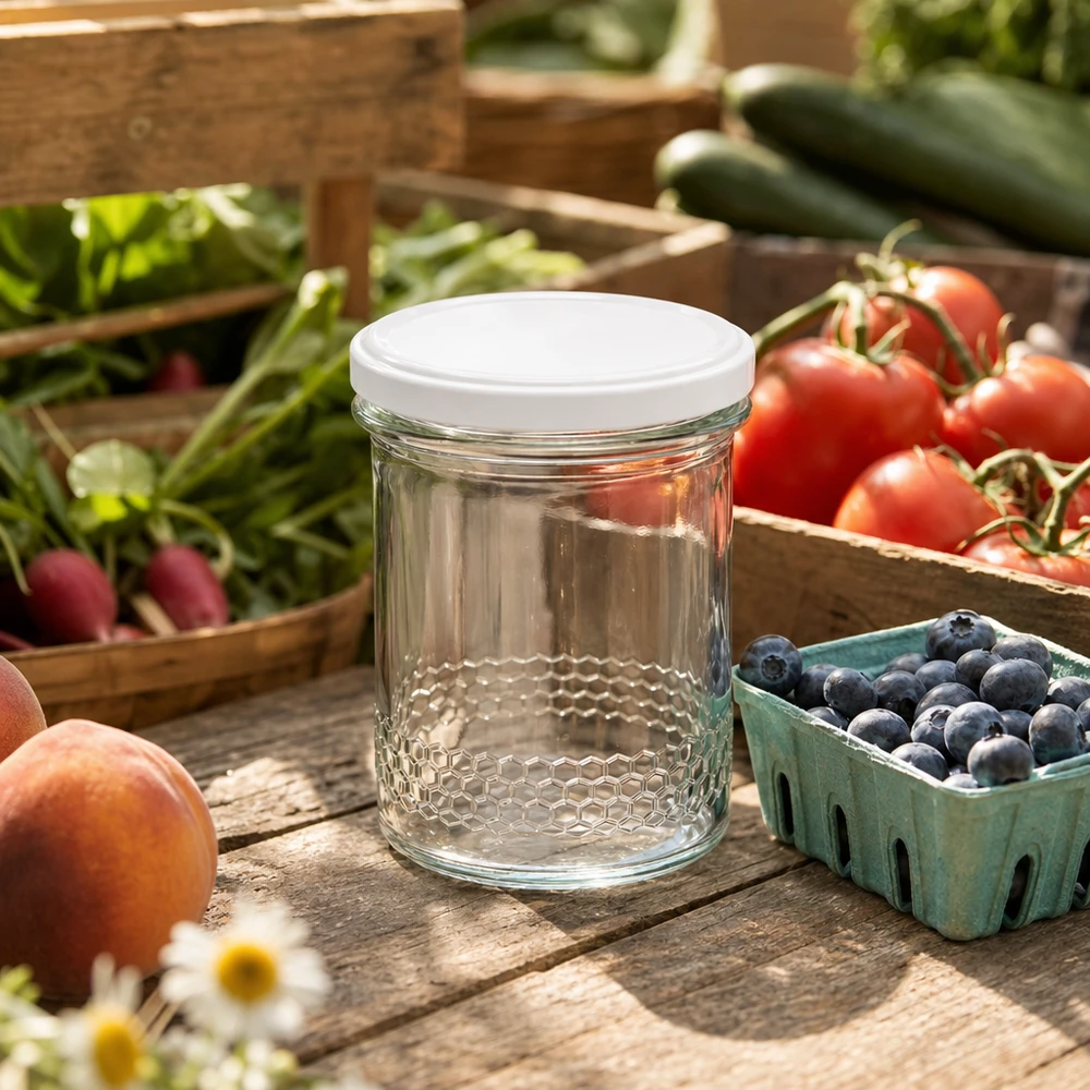 400ml Honigglas mit weißem Deckel auf Holztisch zwischen frischen Früchten Blaubeeren Tomaten Outdoor-Szene