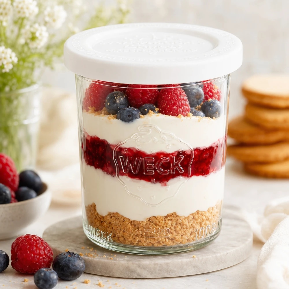 Zavařovací sklenice o objemu 160 ml s víčkem pro zachování čerstvosti WECK RR60. WECK 160ml Sturzglas RR60 mit Schichtdessert aus Joghurt, Beeren und Kekskrümeln - perfekt als Dessertglas