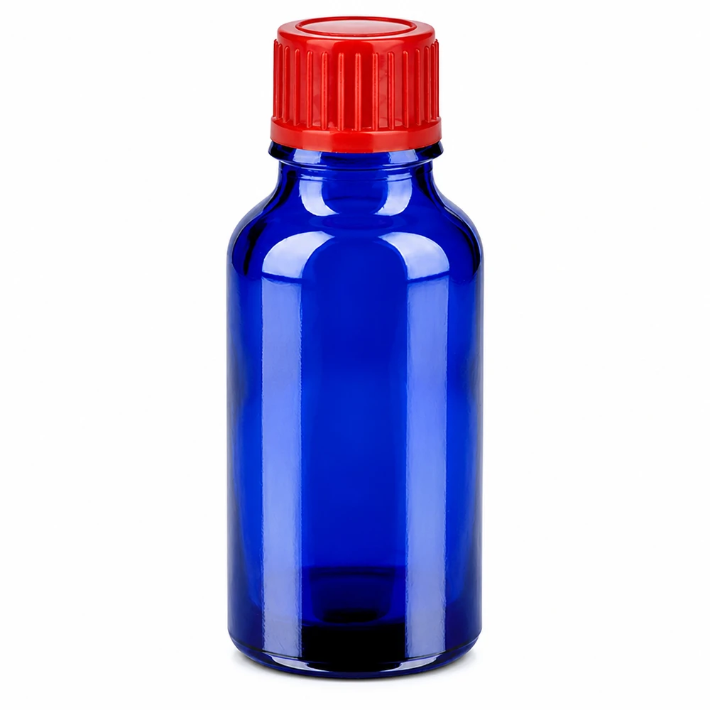20ml láhev 11mm šroubovací uzávěr červená standard BlueLine UT18/20 Kompakte 20ml Flasche blaues Borosilikatglas roter Deckel für Tinkturen