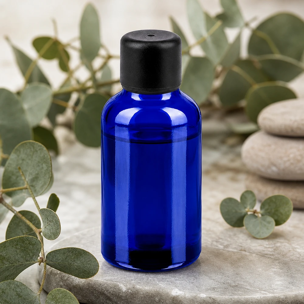 Elegante blaue 30ml Flasche mit UV-Schutz und sicherem schwarzen Deckel