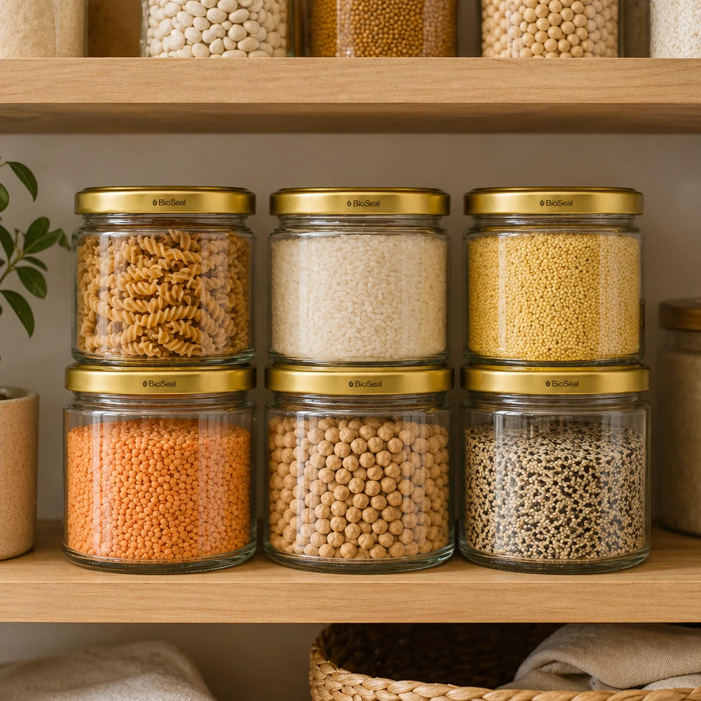 330ml kulatá sklenice + zlaté víčko BioSeal UNiTWIST UniTWIST Runda330 mit goldenem TO82 BioSeal Deckel zur organisierten Pantry-Aufbewahrung von Hülsenfrüchten und Getreide