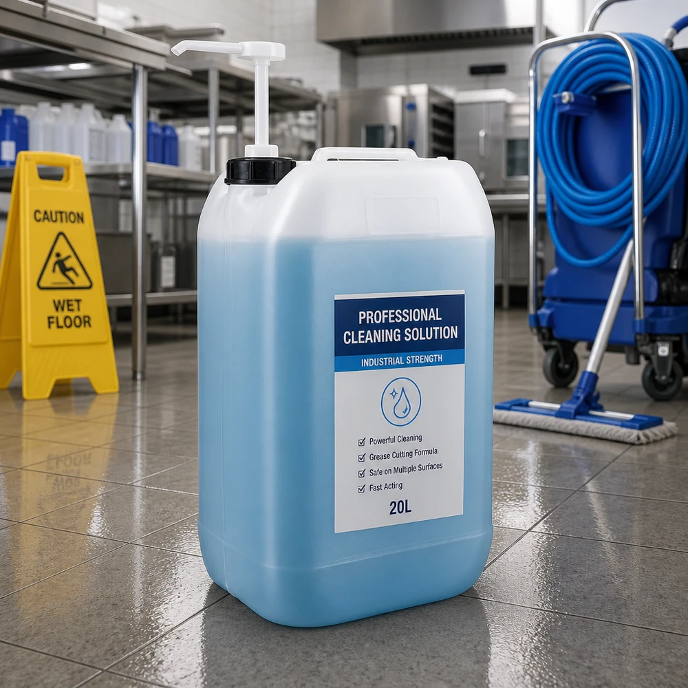 Kanystr 15 litrů s dávkovacím čerpadlem Robuster Rechteckkanister 15 Liter mit ergonomischer Dosierpumpe für Reinigungsmittel in Großküchen