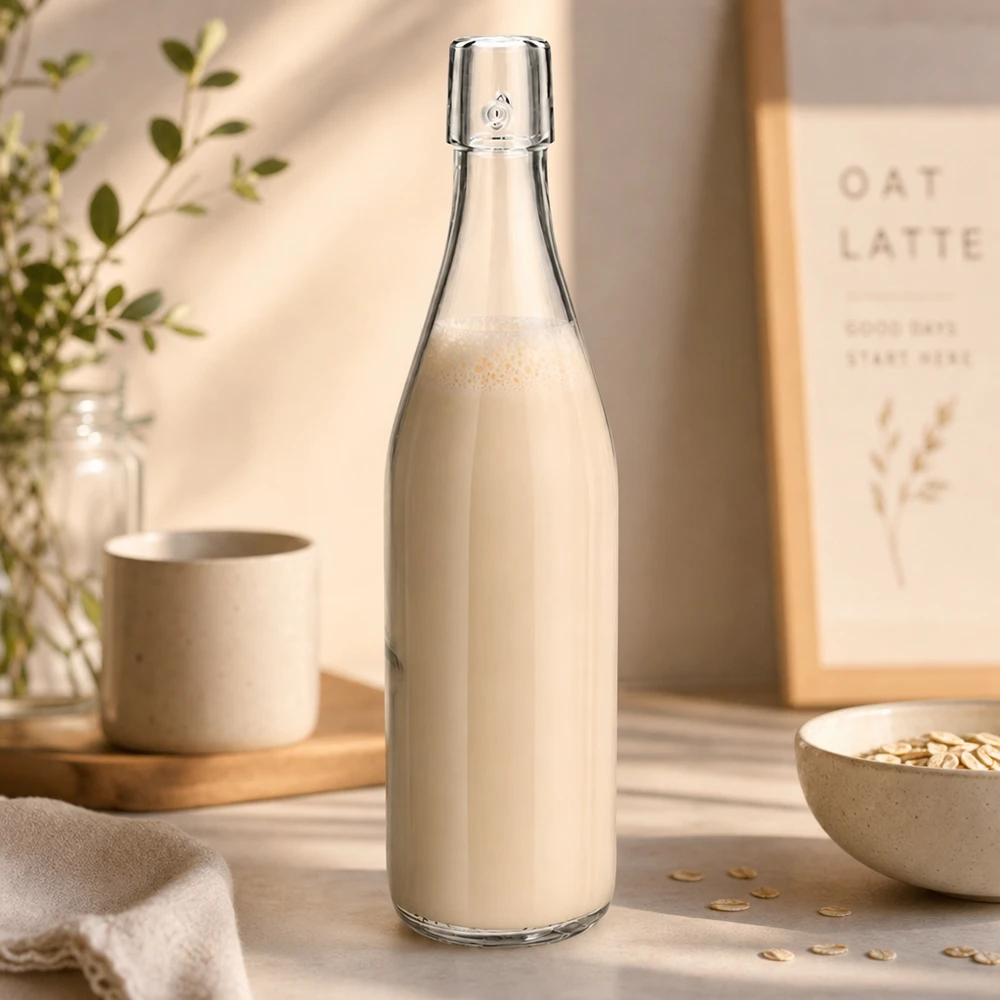 Skleněná láhev o objemu 500 ml bez otočného víčka UNiTWIST 500ml UNiTWIST Glasflasche mit Hafermilch befüllt in natürlicher Küche mit Haferflocken als gesunde Lifestyle-Szene